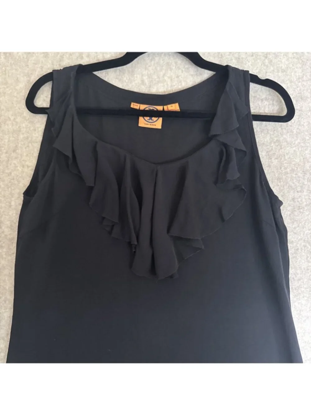 Tory Burch 100% Silk Ruffle Sleeveless Blouse Womens 10 Black V-Neck